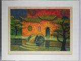 painting of a bridge in front of a yellow building with a red sky in the background