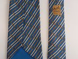 two ties with blue and brown stripes on them hanging on a wall