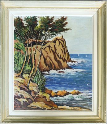 a painting of a rocky coast with trees and a sailboat in the distance