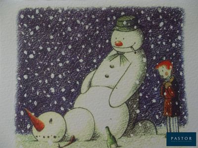 un dessin représentant un bonhomme de neige et un enfant dans la neige