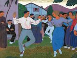 a painting of a group of people dancing in a field