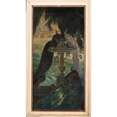 une peinture à l'huile représentant deux paons buvant de l'eau à une fontaine