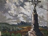 une peinture à l'huile représentant une croix au sommet d'un monument dans un champ