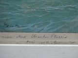 une photo d'un tableau représentant un homme sur une planche de surf dans l'eau
