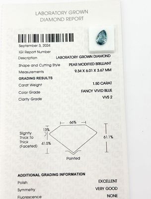 Diamant de synthèse taille poire modified de 1,50 carats. Accompagné d