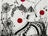 une image représentant un dessin en noir et blanc d'une femme avec un point rouge
