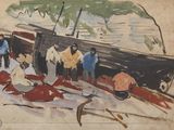 a painting of a group of people standing around a boat