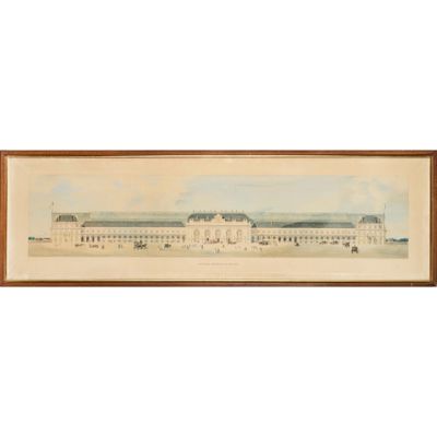un dessin représentant un grand bâtiment avec de nombreuses fenêtres, sur fond de ciel