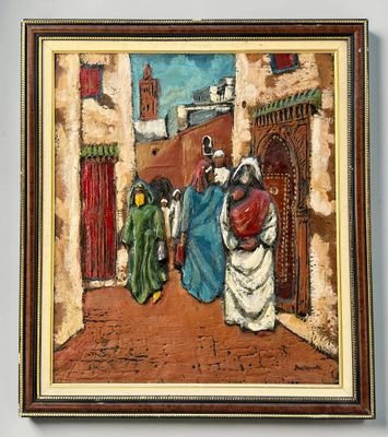 une peinture à l'huile représentant une scène de rue avec des personnes marchant dans la rue