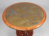 an image of a round table with a marble top and wooden base