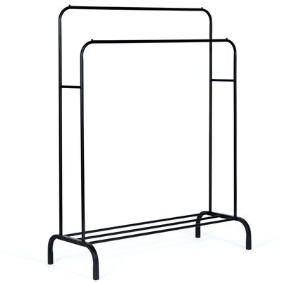 black metal clothing rack with two shelves on top of it