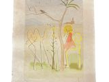 painting of a woman sitting on a chair next to a tree and a bird