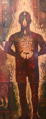 a painting of a man standing in front of a painting of a woman