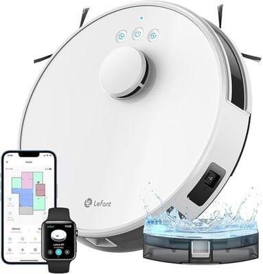 une image représentant un aspirateur robot blanc d'où s'écoule de l'eau