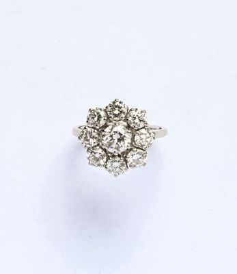 une image d'un anneau en forme de grappe de diamants sur un fond blanc