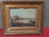 un tableau représentant un bateau avec un homme à bord, sur l'eau