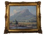an oil painting of a mountain scene with a river in the foreground