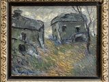 an oil painting of two buildings in a field with trees
