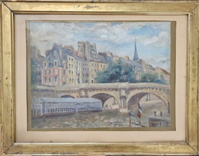 une peinture à l'huile représentant un pont sur une rivière avec des bâtiments à l'arrière-plan