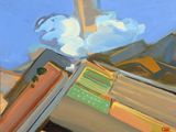 an oil painting of a train traveling through a rural countryside