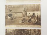 several pictures of horses and jockeys in a field with a building in the background