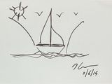 a drawing of a sailboat on the water with birds flying around