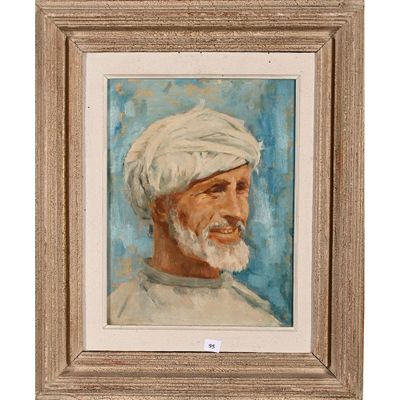une peinture à l'huile représentant un homme coiffé d'un turban blanc