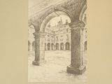 a picture of a drawing of a courtyard with arches
