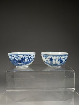 pair of blue and white bowls on a clear stand