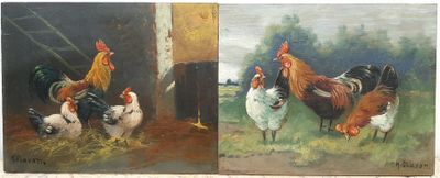 deux tableaux représentant des coqs et des poules dans une grange, avec une grange en arrière-plan