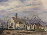 tableau représentant une église avec un clocher, située sur une colline