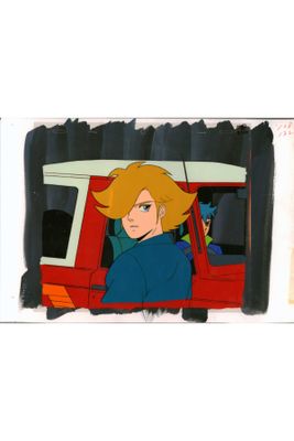 animation cel of a woman in a red car with a cat on her shoulder