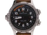hamilton men ' s watch with brown leather strap and black dial