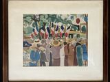 painting of a crowd of people standing in front of a clock