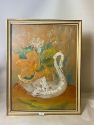 a painting of a white swan with yellow flowers in it