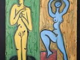 deux tableaux représentant un homme et une femme sur un fond noir