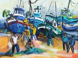 tableau représentant un groupe de personnes travaillant sur une plage, avec des bateaux en arrière-plan