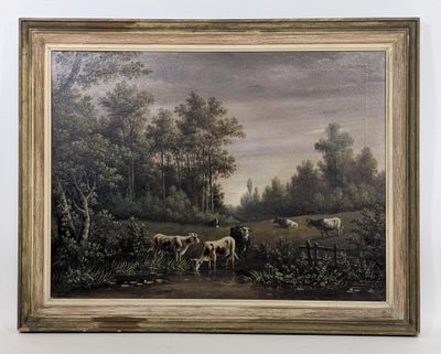une image d'une peinture de vaches dans un champ