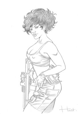 un dessin en noir et blanc représentant une femme tenant un pistolet