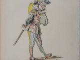 an old book with a drawing of a man with a hat and a cane
