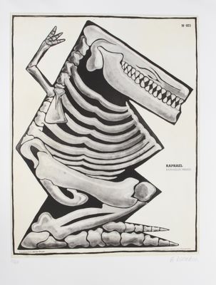 un dessin en noir et blanc représentant un squelette tenant un couteau