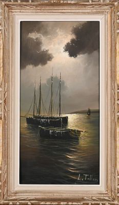 une peinture à l'huile représentant un bateau sur un plan d'eau, sous un ciel nuageux