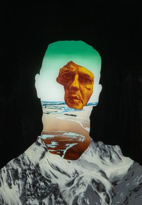 an image of a painting of a man with a mountain in the background