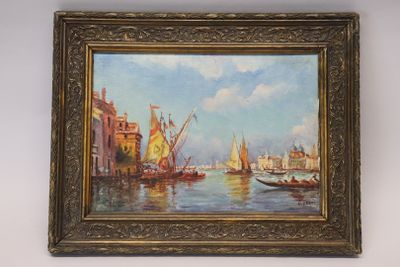 une peinture à l'huile représentant des bateaux dans un port avec des bâtiments à l'arrière-plan