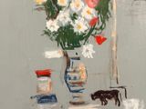 un tableau représentant un vase de fleurs et un chat posés sur une table