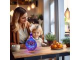 the woman and child are sitting at the table with a colorful light