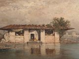 painting of a house on the shore of a lake with a boat in the water