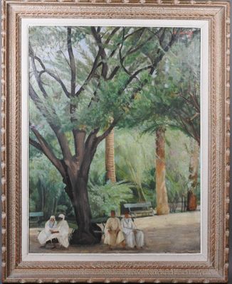 tableau représentant un groupe de personnes assises sous un arbre dans un parc