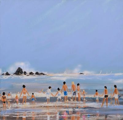 tableau représentant un groupe de personnes marchant sur une plage au bord de la mer