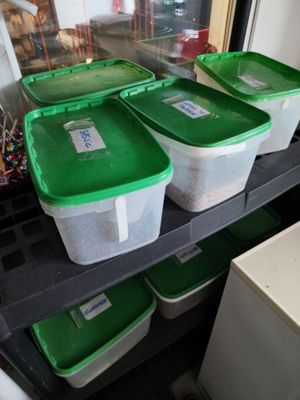 de nombreux récipients en plastique posés sur une étagère dans une pièce